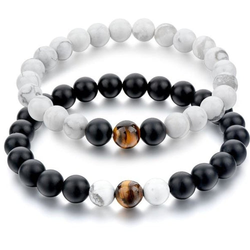 Bracelets de distance en howlite blanche, oeil de tigre et agate noire