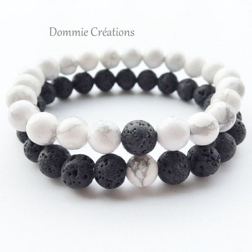 Bracelets de distance en pierre de lave et howlite blanche