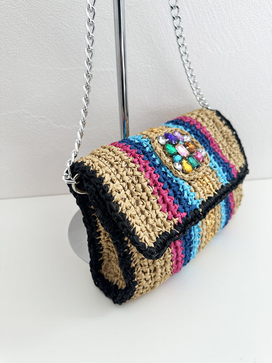 Sac pochette Multicolore en raphia et cabochon de pierres