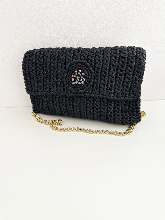 Sac pochette en Raphia Noir  et perles en cristal de Swarovski