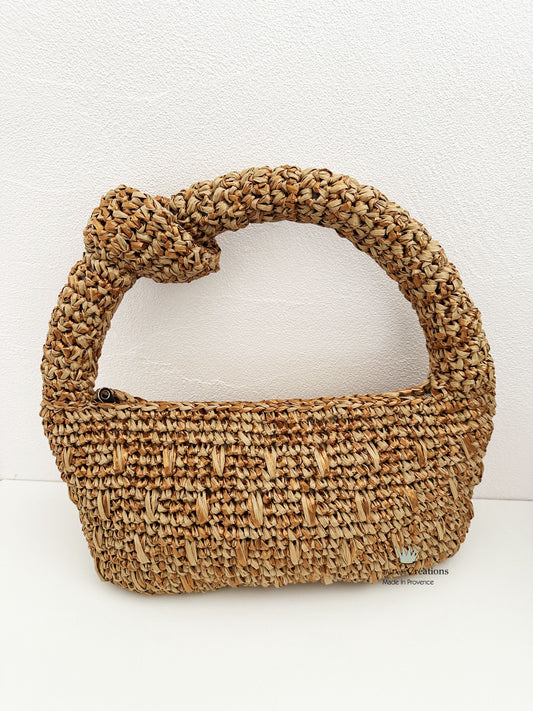 Sac boulette en raphia, sac à noeud réalisé à la main, sac femme beige et or cuivré ,soirée, mariage