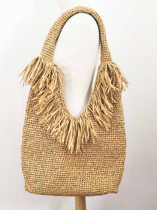 Sac cabas de plage beige à franges en raphia de cellulose