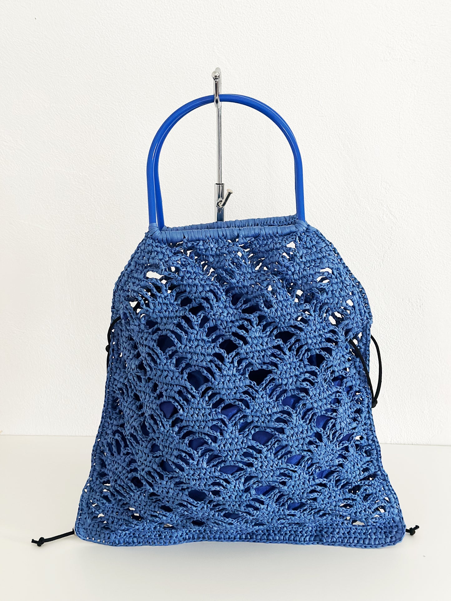 Sac filet en raphia bleu vif , sac filet avec pochon , sac shoping