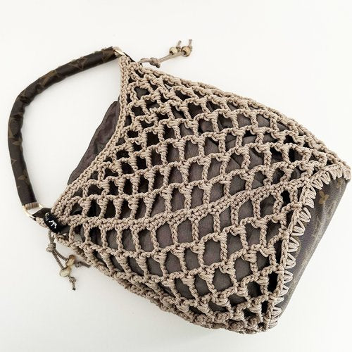 Mini bag , sac filet avec pochon , sac de soirée beige irisé